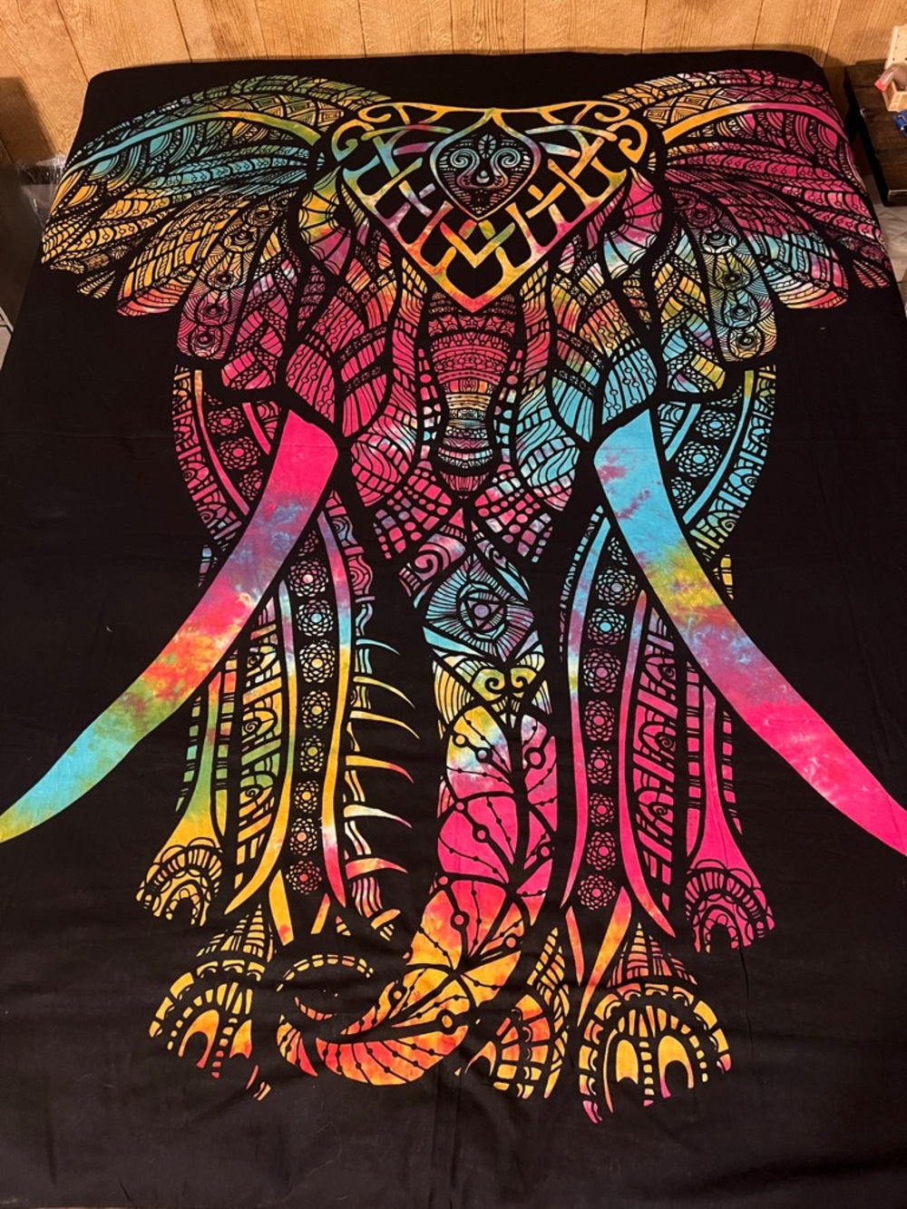 Black painted fabric with Multicolor Elephant Mandala Design